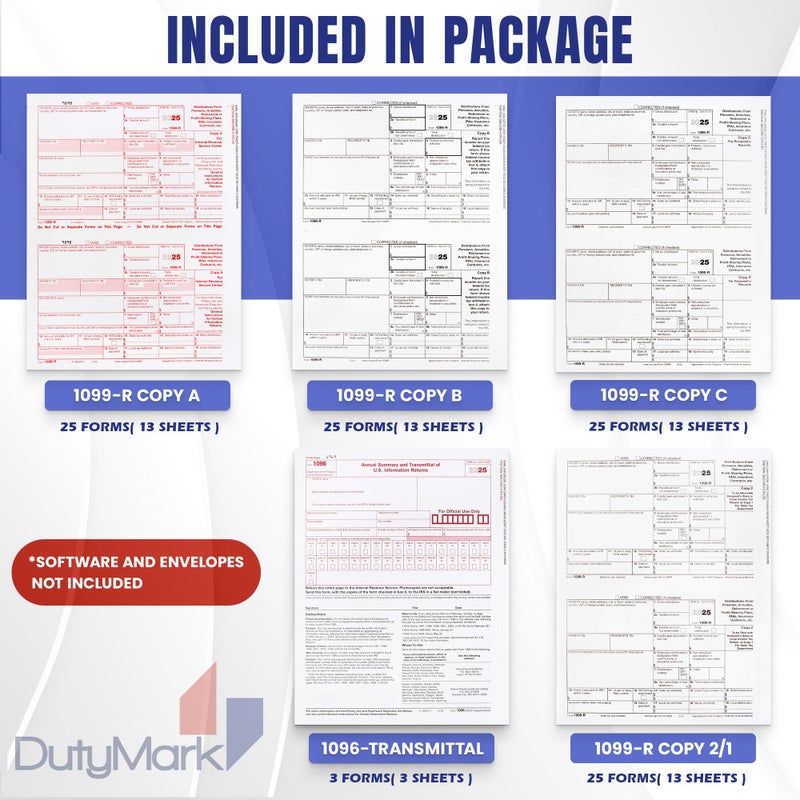 Dutymark 1099-R Tax Forms 2025 (distributions) 25 Sets of 4-Part, Laser Forms, Federal and State Copies (2 Forms on a Sheet) with 3 1096 Transmittals, 2025 - Image 3